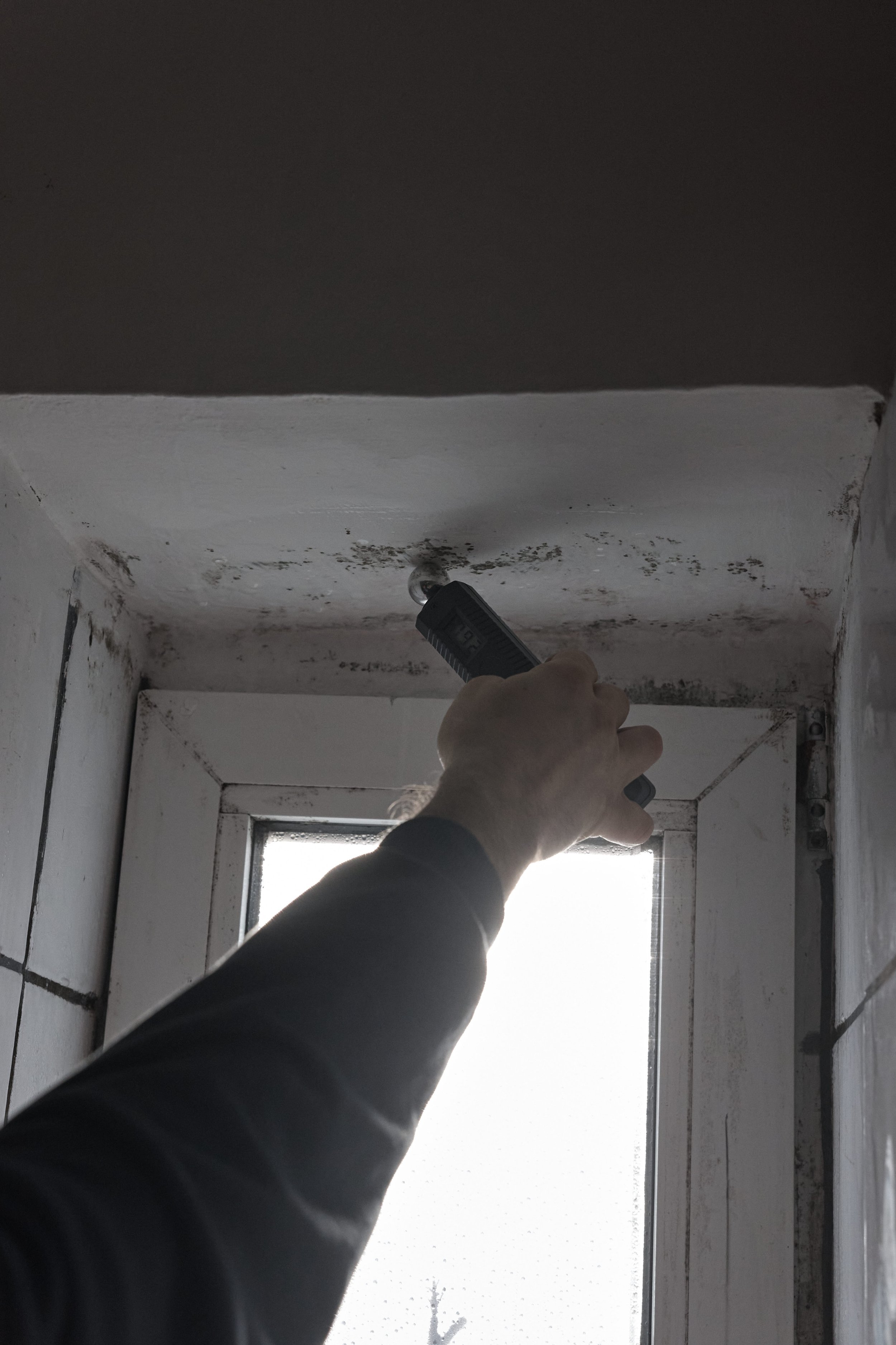 Eine Hand hält ein Messgerät an eine schimmelige Zimmerecke über einem Fenster.